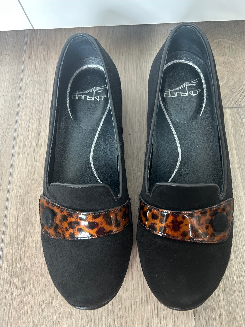 Dansko Black Suede Loafers with Tortoiseshell Strap Size 37